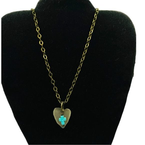Artisan Light Green Sea Glass Concave Heart Pendant with Turquoise Cross Charm - Picture 6 of 12